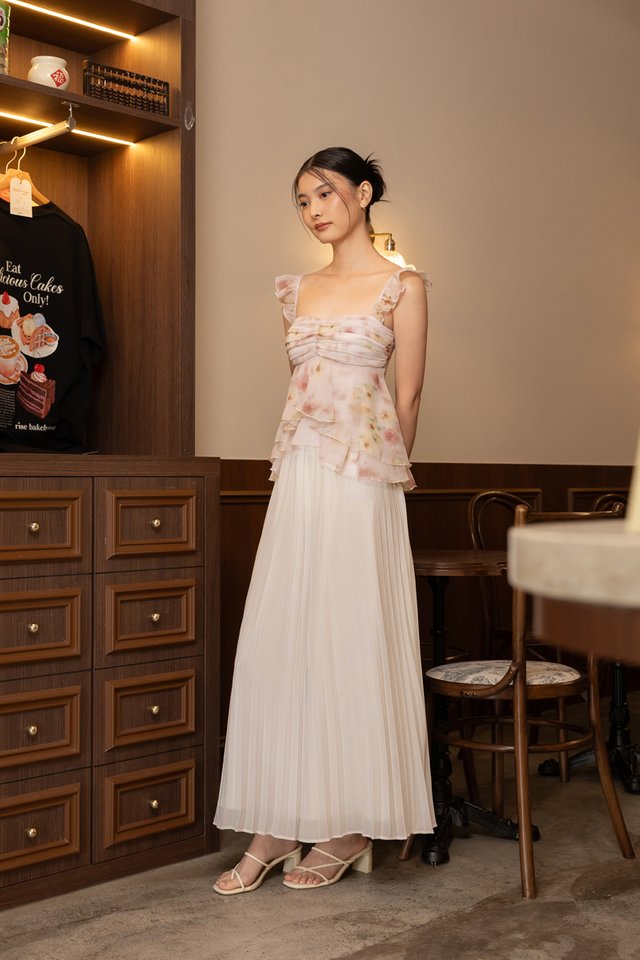 ASTHER PADDED FLORAL CHIFFON RUFFLE SLEEVE RUCHED TOP