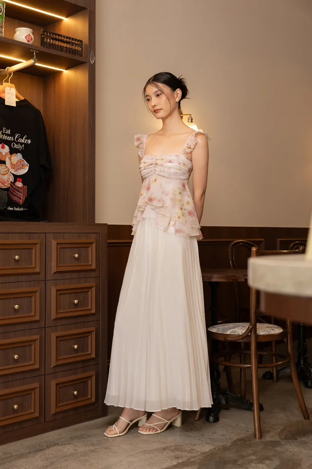 ASTHER PADDED CHIFFON RUFFLE SLEEVE RUCHED TOP (PINK FLORAL)