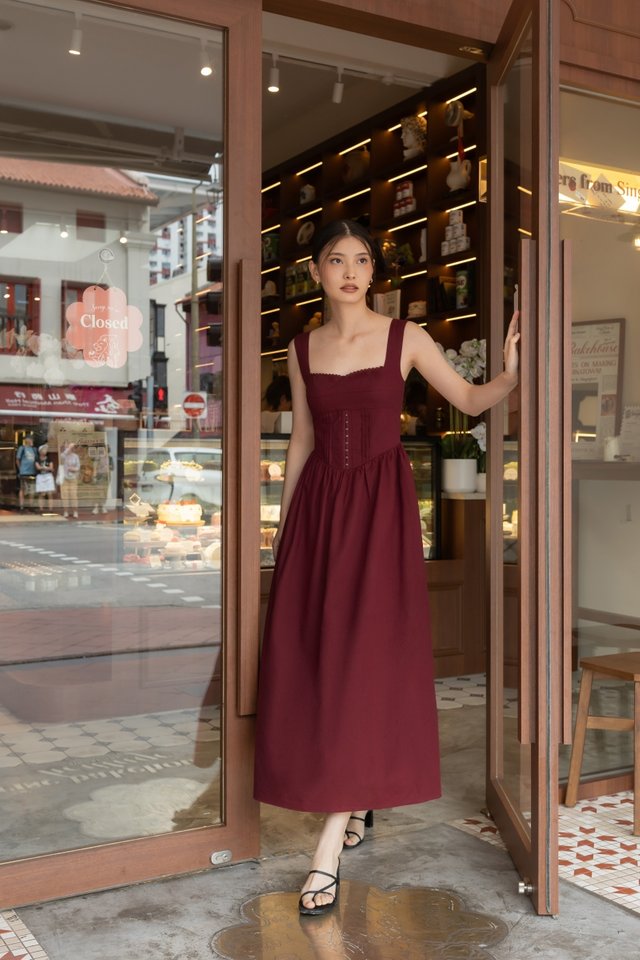 ATHENA PADDED LINEN LACE TRIM PINTUCK CORSET MIDAXI DRESS