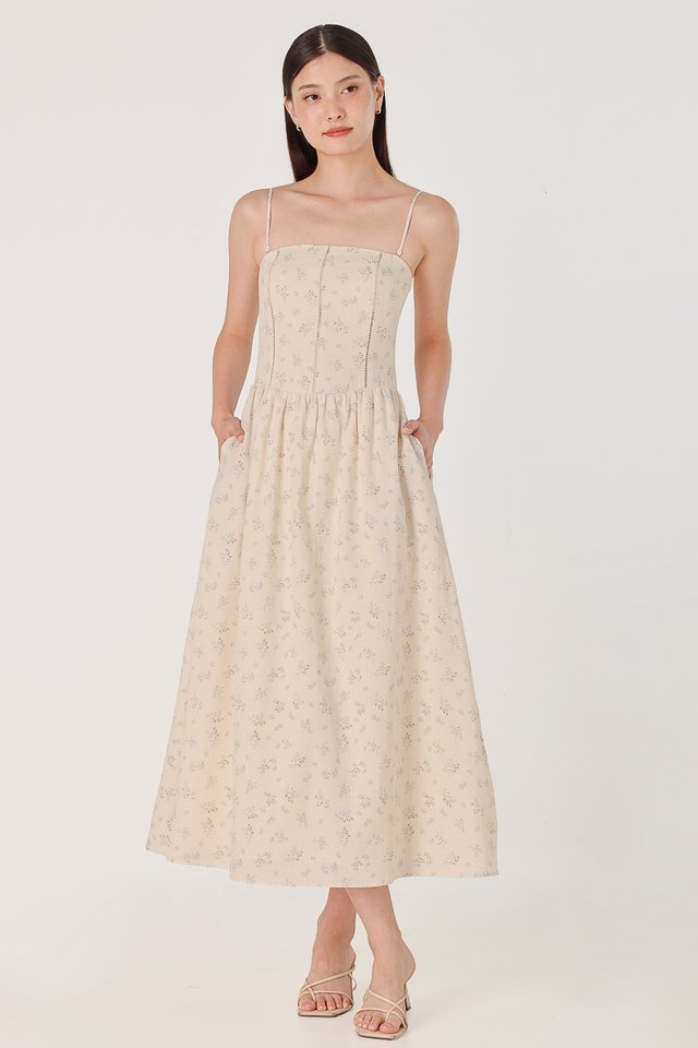 HARTLIE PADDED LINEN EYELET INSERT TWO-WAY MIDAXI DRESS