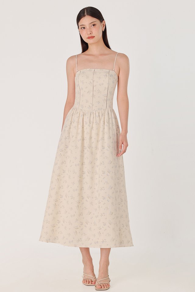 HARTLIE PADDED LINEN EYELET INSERT TWO-WAY MIDAXI DRESS