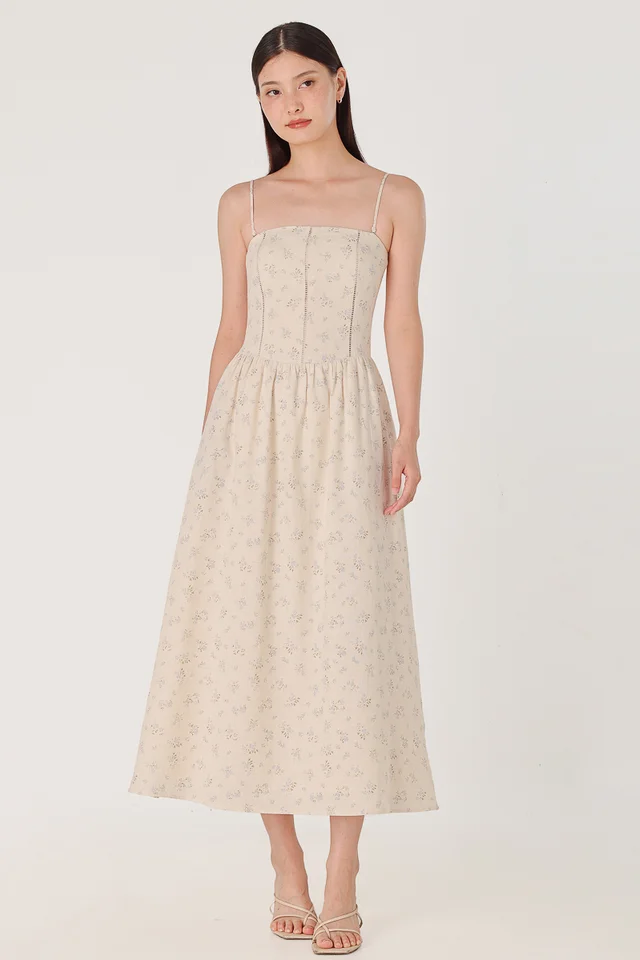 HARTLIE PADDED LINEN EYELET INSERT TWO-WAY MIDAXI DRESS
