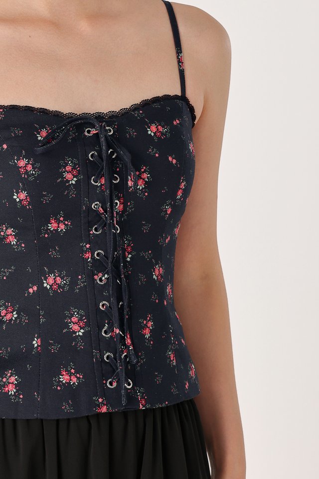 ARABELLA PADDED FLORAL CORSET LACE TRIM TOP (MIDNIGHT)