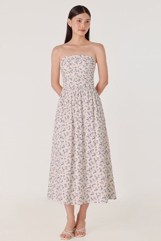 MEGAN PADDED FLORAL TEXTURED RUCHED TWO-WAY MAXI DRESS (BLUE)