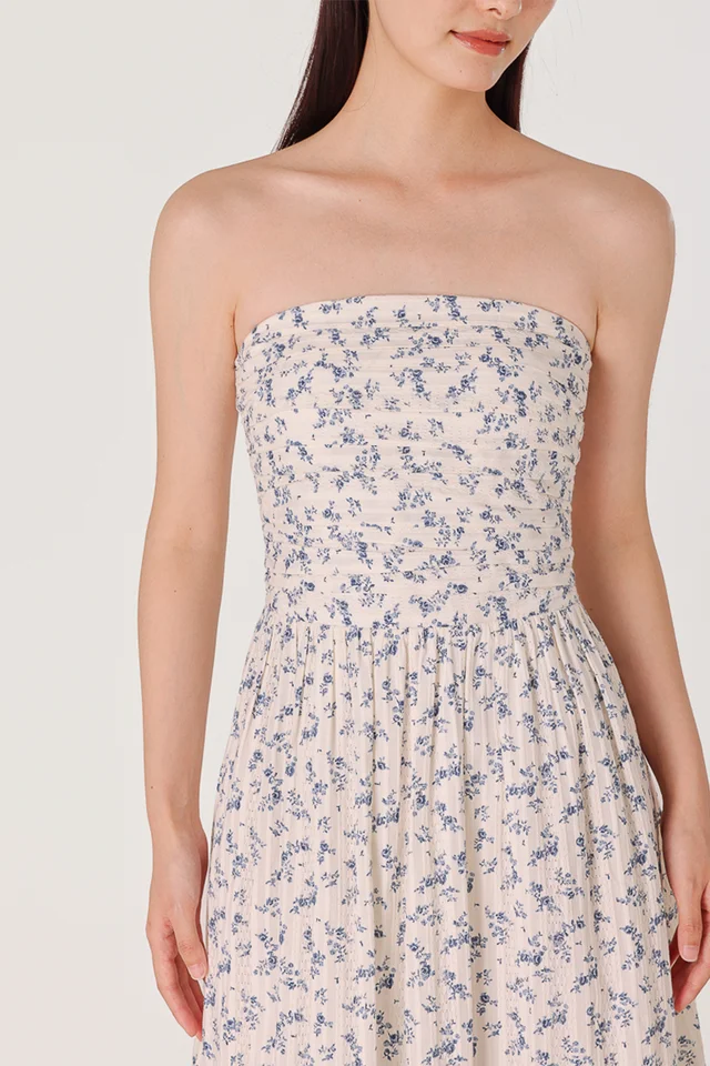MEGAN PADDED FLORAL TEXTURED RUCHED TWO-WAY MAXI DRESS (BLUE)