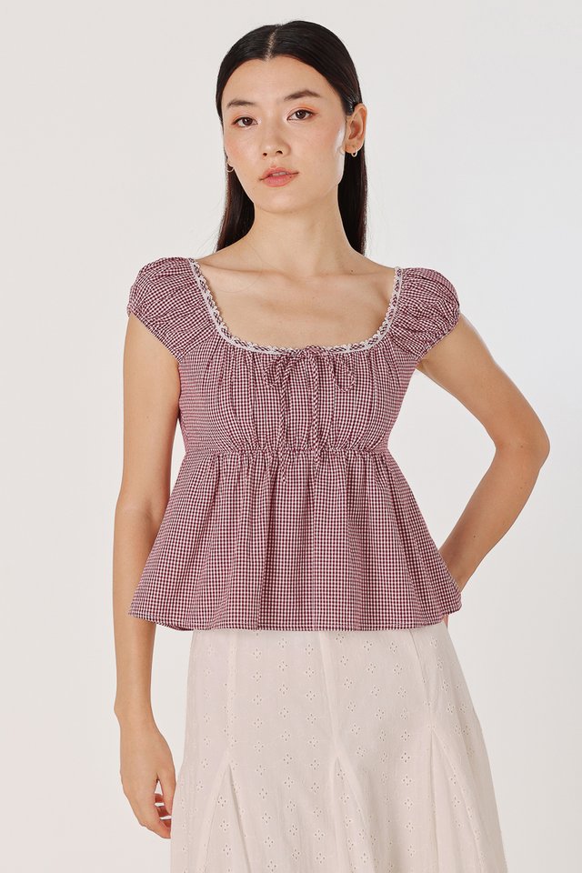 TAYLA PADDED GINGHAM EYELET TRIM RIBBON BABYDOLL TOP (RED GINGHAM)