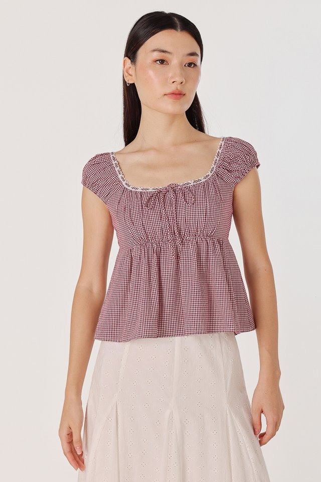 TAYLA PADDED GINGHAM EYELET TRIM RIBBON BABYDOLL TOP (RED GINGHAM)