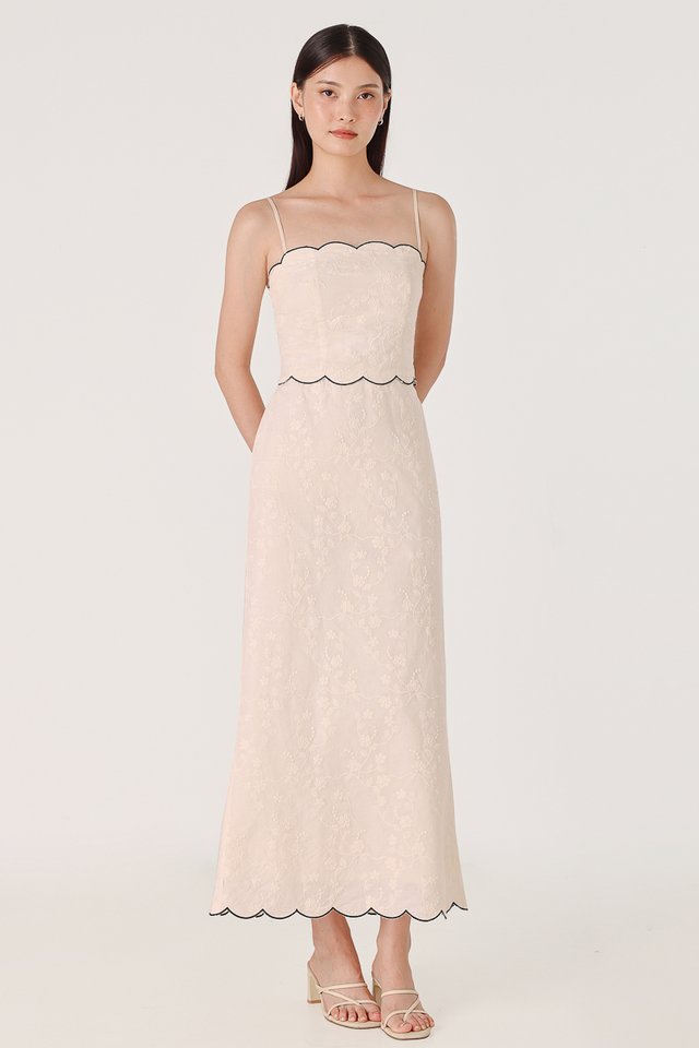 FREESIA EMBROIDERED FLORAL CONTRAST SCALLOP HEM MIDAXI SKIRT (OAT)