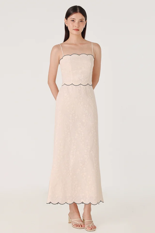 FREESIA EMBROIDERED FLORAL CONTRAST SCALLOP HEM MIDAXI SKIRT (OAT)