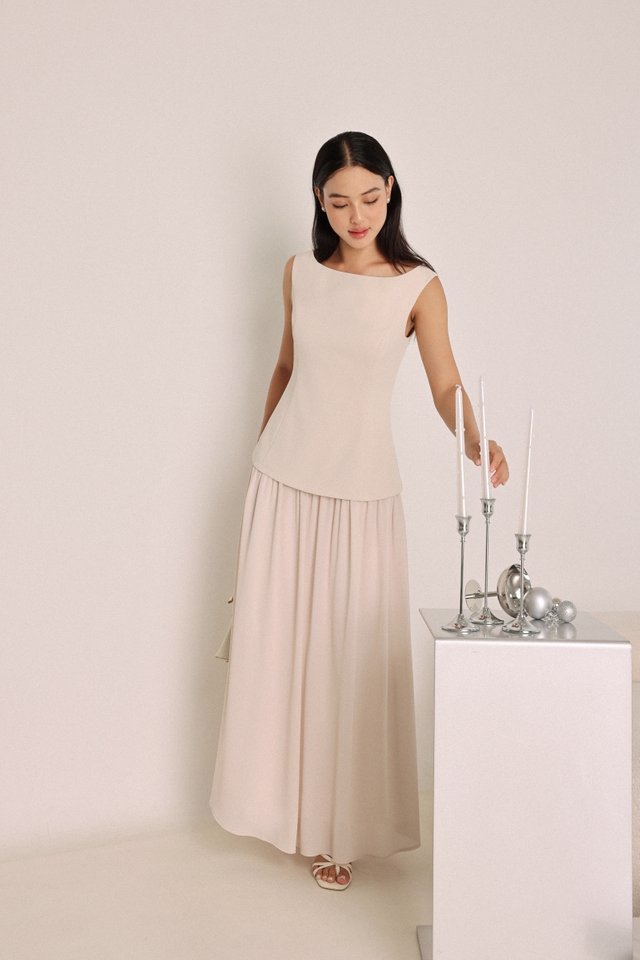 ALAIRE PADDED BOATNECK FABRIC CONTRAST MAXI DRESS (TAUPE PINK)