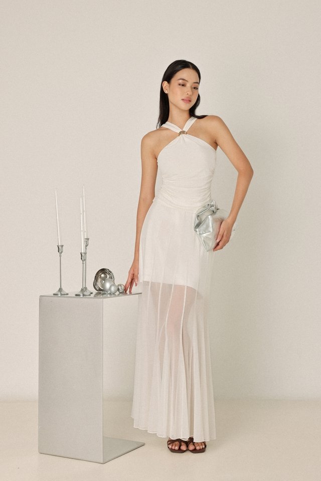 LUCILLE MESH PANELLED FLARE MAXI SKIRT - PETITE (WHITE)