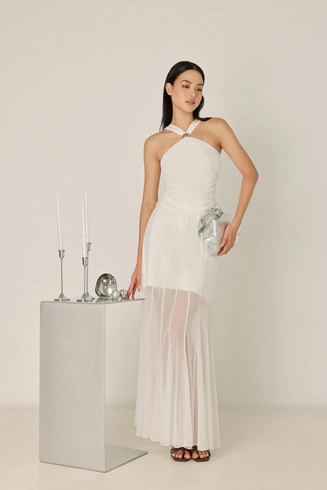 LUCILLE MESH PANELLED FLARE MAXI SKIRT - PETITE (WHITE)