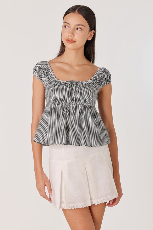 TAYLA PADDED GINGHAM EYELET TRIM RIBBON BABYDOLL TOP (BLACK GINGHAM)