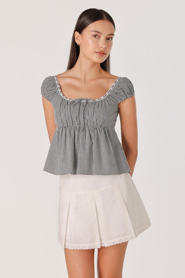 TAYLA PADDED GINGHAM EYELET TRIM RIBBON BABYDOLL TOP (BLACK GINGHAM)