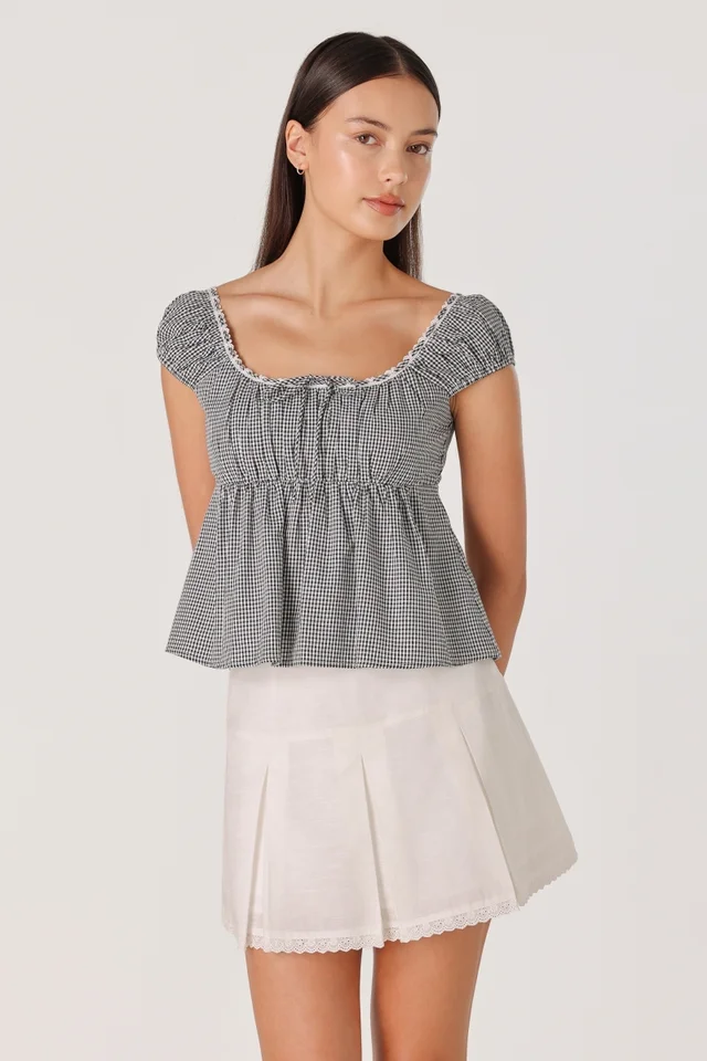 TAYLA PADDED GINGHAM EYELET TRIM RIBBON BABYDOLL TOP (BLACK GINGHAM)