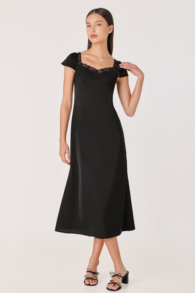 LUZELLA LACE TRIM CAP SLEEVE BIAS MIDAXI DRESS (BLACK)