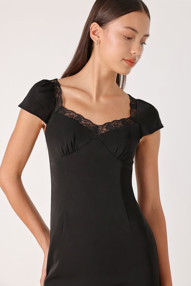LUZELLA LACE TRIM CAP SLEEVE BIAS MIDAXI DRESS (BLACK)