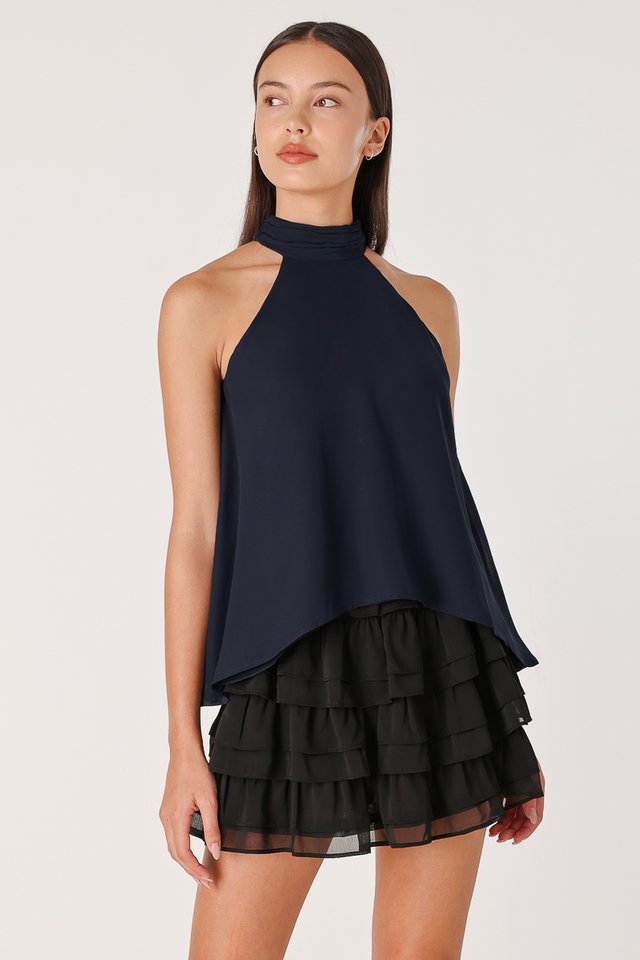 ROSELLA PADDED CHIFFON HALTER ASYMMETRICAL TOP (MIDNIGHT BLUE)