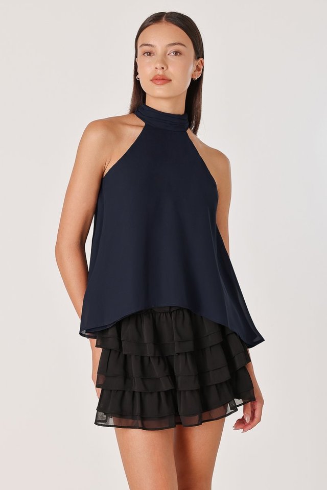 ROSELLA PADDED CHIFFON HALTER ASYMMETRICAL TOP (MIDNIGHT BLUE)