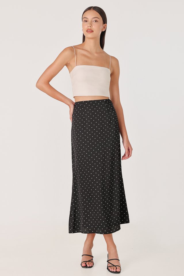 ALBA SATIN POLKA DOT BIAS MIDAXI SKIRT (BLACK)