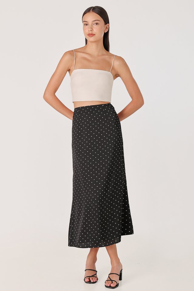 ALBA SATIN POLKA DOT BIAS MIDAXI SKIRT (BLACK)