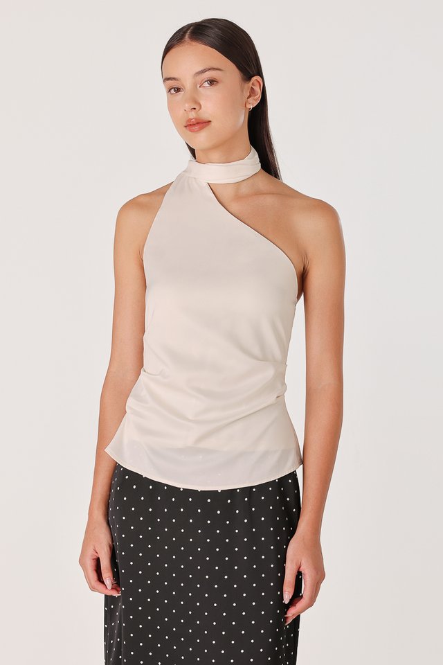 LYNDEN PADDED SATIN SCARF TOP (CHAMPAGNE)
