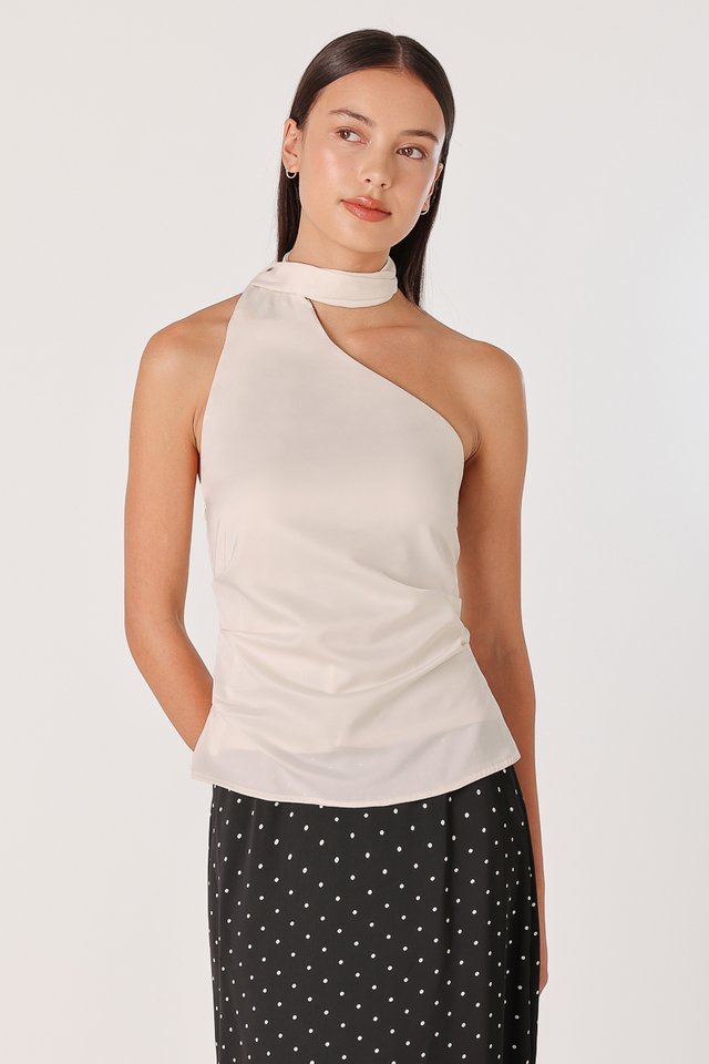 LYNDEN PADDED SATIN SCARF TOP (CHAMPAGNE)