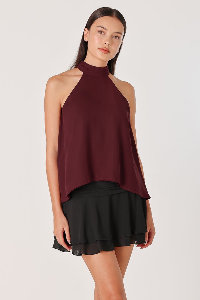 ROSELLA PADDED CHIFFON HALTER ASYMMETRICAL TOP (WINE)