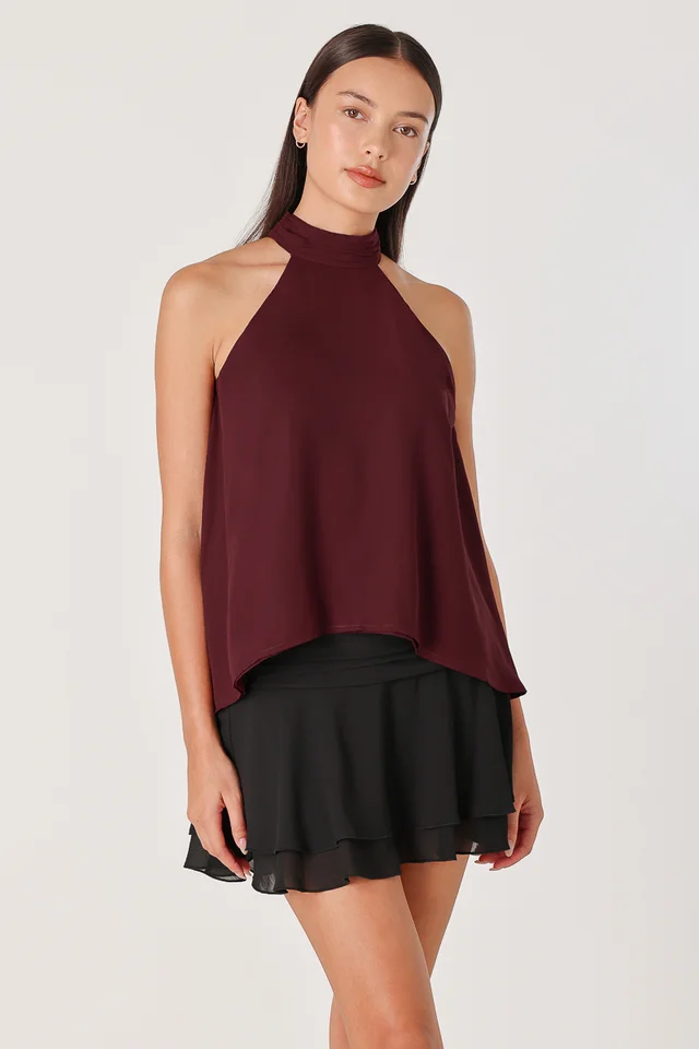 ROSELLA PADDED CHIFFON HALTER ASYMMETRICAL TOP (WINE)