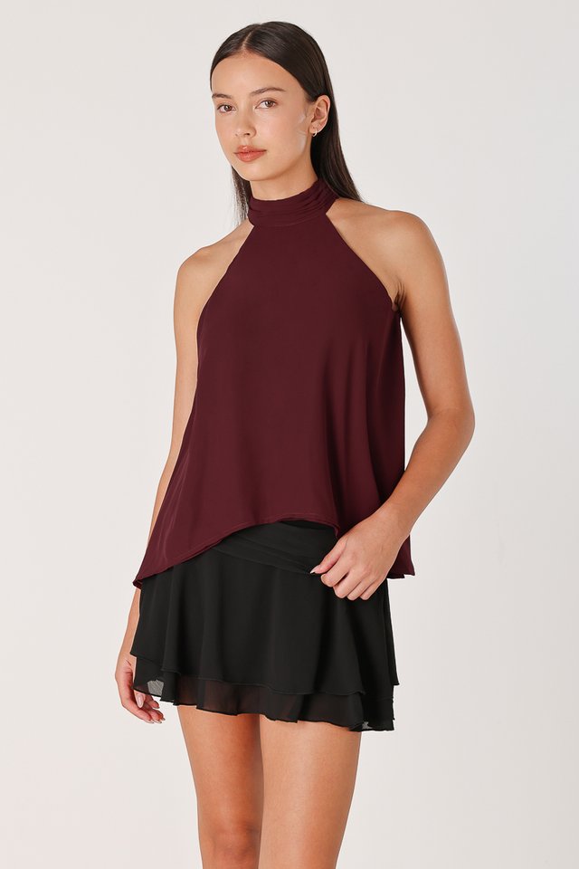 ROSELLA PADDED CHIFFON HALTER ASYMMETRICAL TOP (WINE)