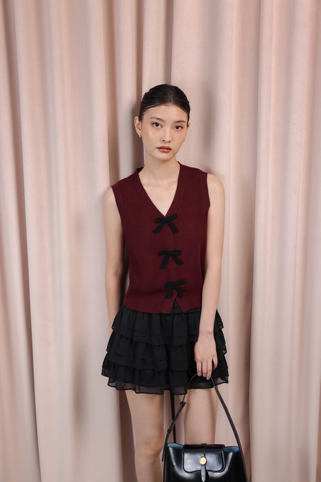 ELEA CONTRAST BOW KNIT VEST TOP (WINE)