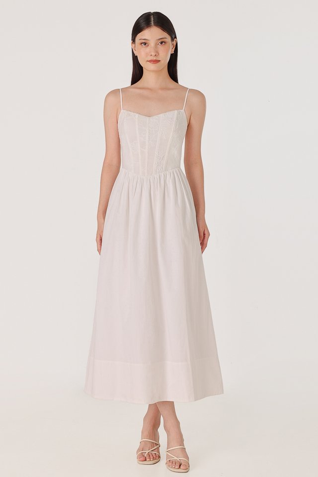 WRENLEY PADDED EMBROIDERED FLORAL CORSET MIDAXI DRESS (WHITE)