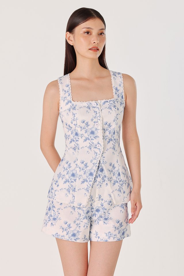 CAMELLIA LINEN PORCELAIN FLORAL LACE TRIM BUTTON VEST TOP