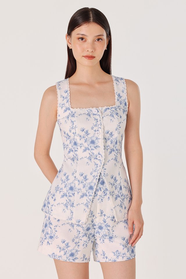 CAMELLIA LINEN PORCELAIN FLORAL LACE TRIM BUTTON VEST TOP