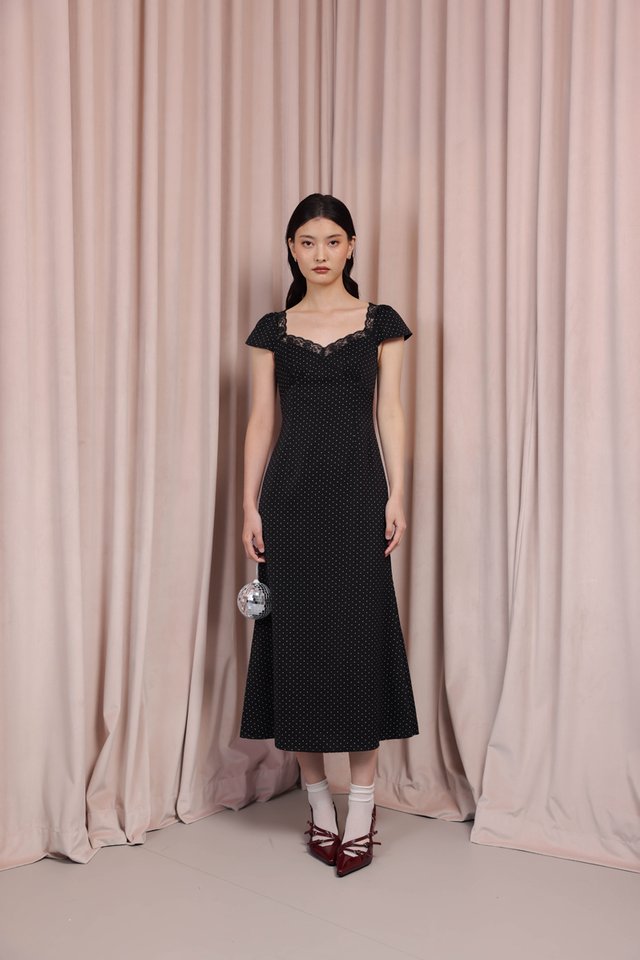 LUZELLA LACE TRIM CAP SLEEVE BIAS MIDAXI DRESS (POLKA DOT)