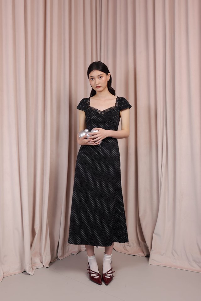 LUZELLA LACE TRIM CAP SLEEVE BIAS MIDAXI DRESS (POLKA DOT)