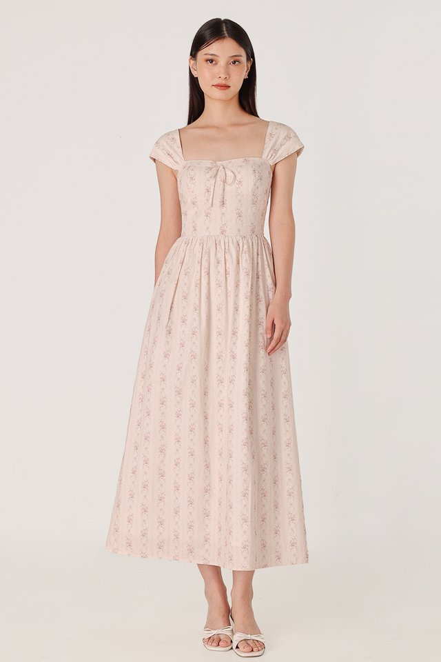 BROOKLYN PADDED FLORAL BUSTIER RIBBON CAP SLEEVE MIDAXI DRESS