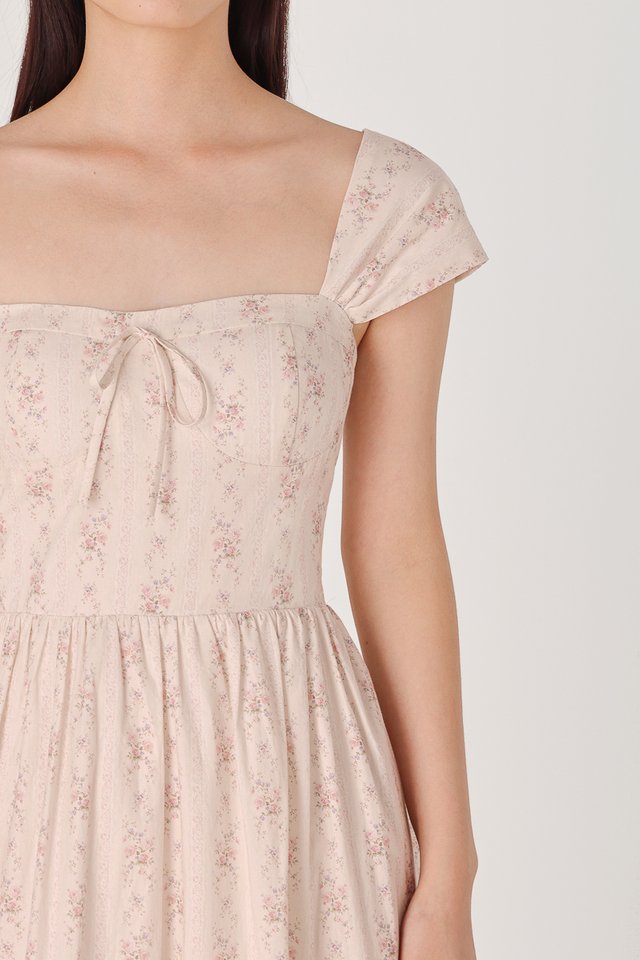 BROOKLYN PADDED FLORAL BUSTIER RIBBON CAP SLEEVE MIDAXI DRESS