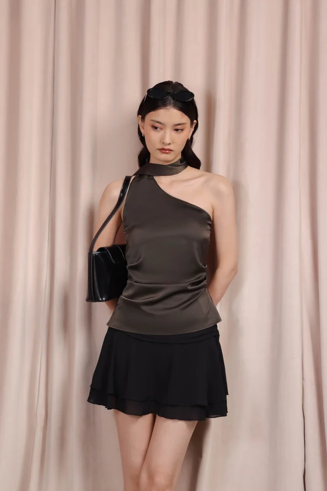 LYNDEN PADDED SATIN SCARF TOP (ESPRESSO)