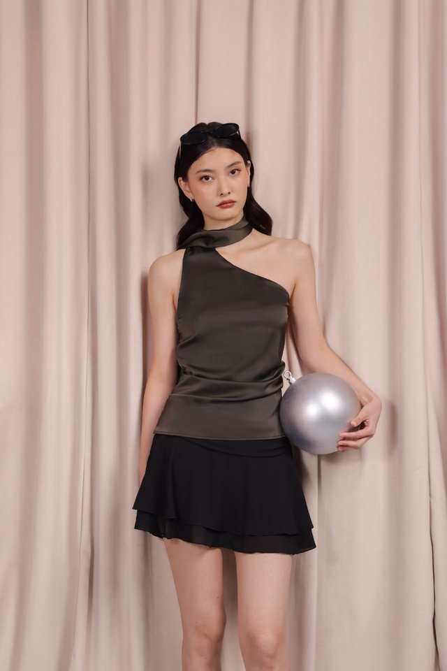 LYNDEN PADDED SATIN SCARF TOP (ESPRESSO)