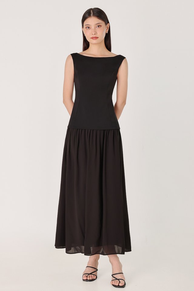 ALAIRE PADDED BOATNECK FABRIC CONTRAST MAXI DRESS (BLACK)
