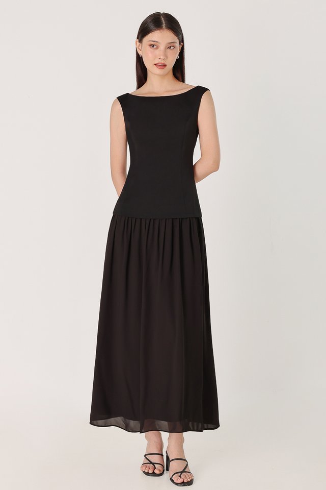 ALAIRE PADDED BOATNECK FABRIC CONTRAST MAXI DRESS (BLACK)
