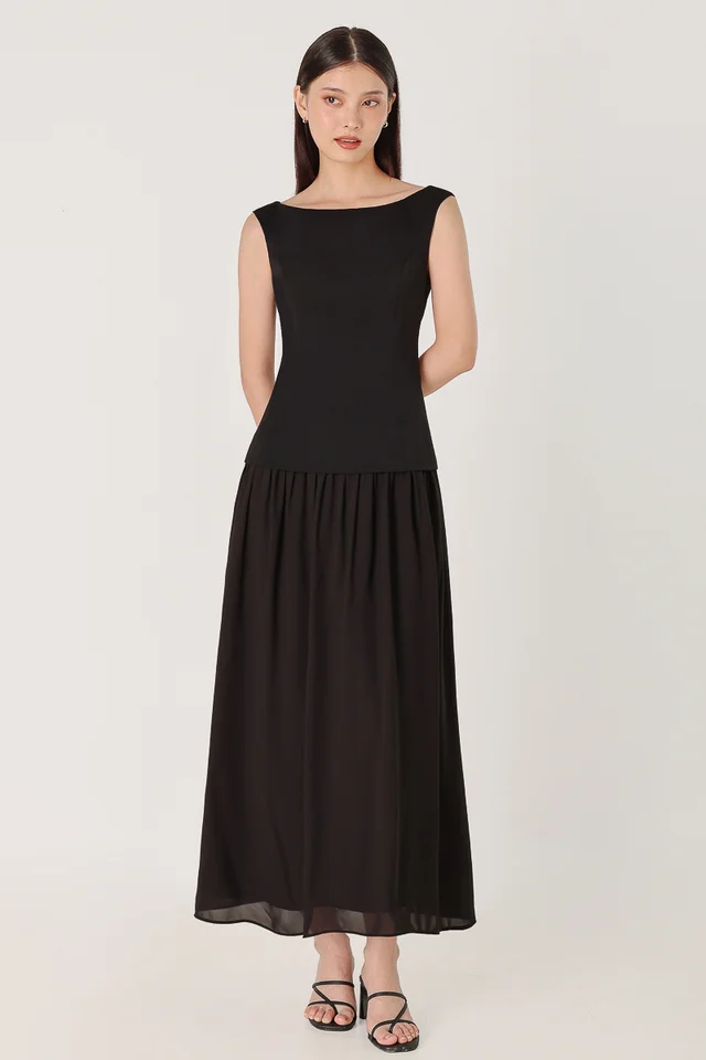 ALAIRE PADDED BOATNECK FABRIC CONTRAST MAXI DRESS (BLACK)