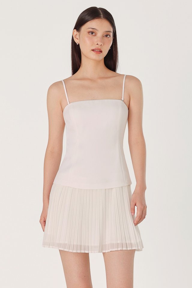 SUZETTE PADDED FABRIC CONTRAST TWO-WAY PLEATED SKORTS DRESS (WHITE)