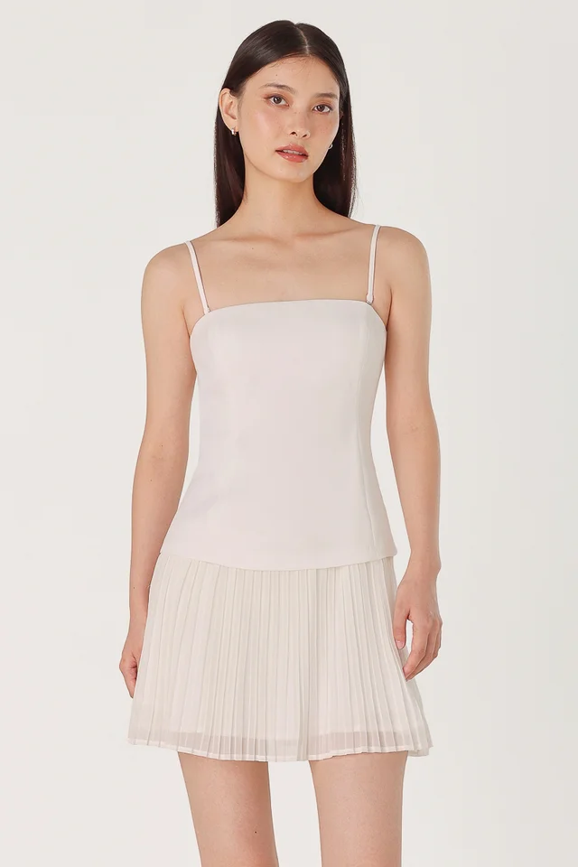 SUZETTE PADDED FABRIC CONTRAST TWO-WAY PLEATED SKORTS DRESS (WHITE)