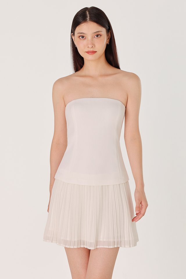 SUZETTE PADDED FABRIC CONTRAST TWO-WAY PLEATED SKORTS DRESS (WHITE)