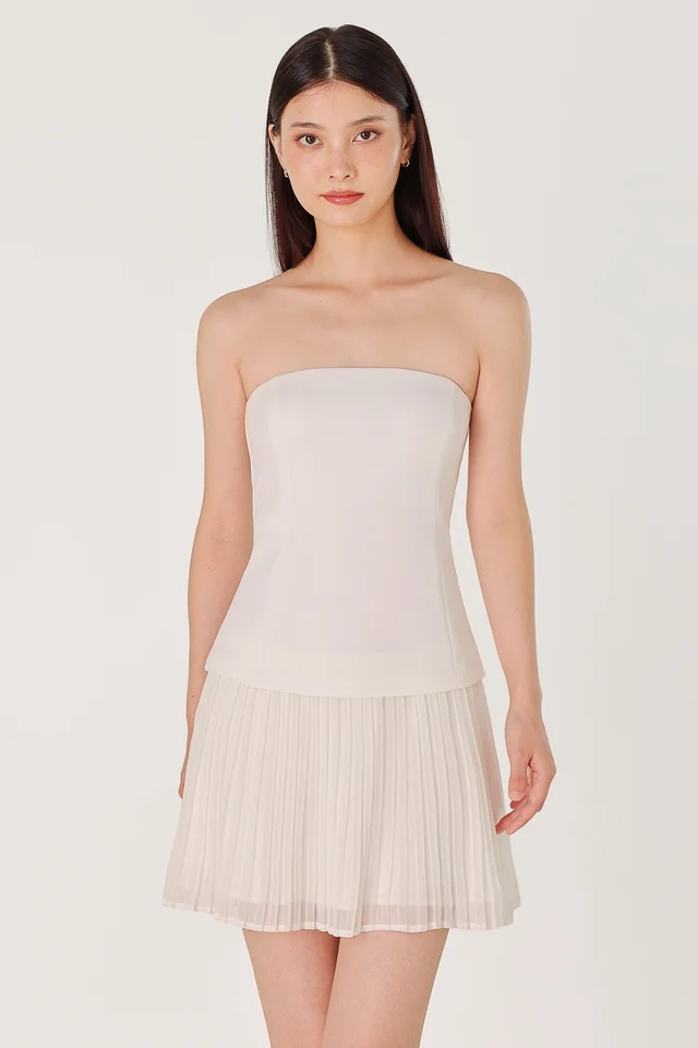 SUZETTE PADDED FABRIC CONTRAST TWO-WAY PLEATED SKORTS DRESS (WHITE)