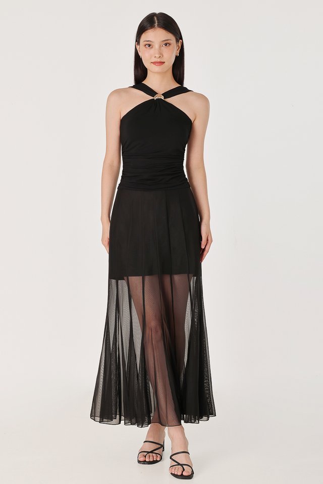 LUCILLE MESH PANELLED FLARE MAXI SKIRT - PETITE (BLACK)