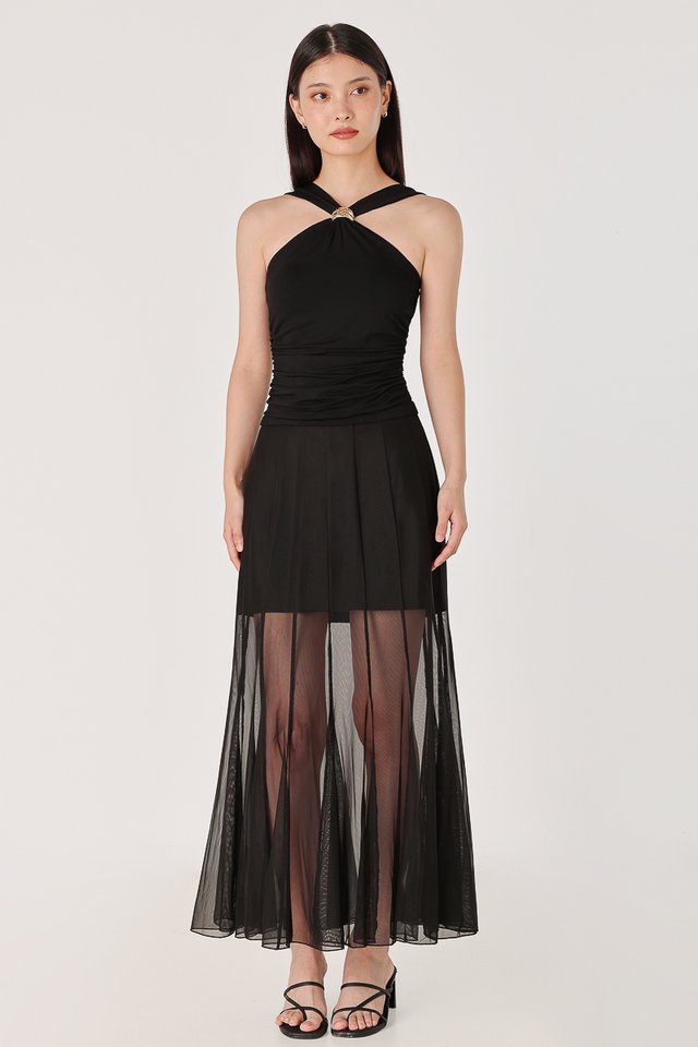 LUCILLE MESH PANELLED FLARE MAXI SKIRT - PETITE (BLACK)
