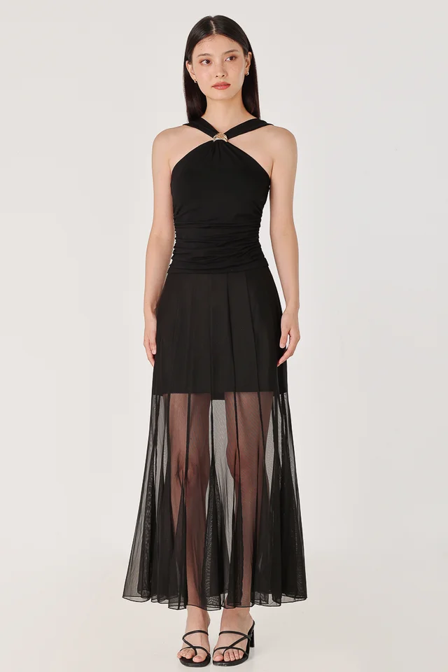 LUCILLE MESH PANELLED FLARE MAXI SKIRT - PETITE (BLACK)